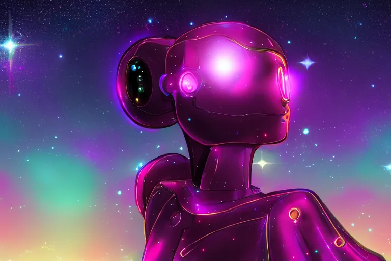 Image similar to a beautiful calm robot girl looking up at the galaxy, digital art, synthwave,