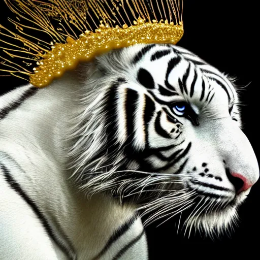 Prompt: beautiful white tiger with long flowing fur and peacock feathers and golden crown on head, pastel colors, detailed magical realism painting 4 k