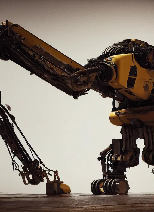 Prompt: a photorealistic dramatic hyperrealistic render of a futuristic exosuit power excavator heavy machinery, ultra realistic details, glossy yellow, well worn, rust, oil stains by vitaly bulgarov and mike nash, beautiful dramatic dark moody tones and lighting, cinematic atmosphere, studio lighting, global illumination, shadows, dark background, octane render, 8 k