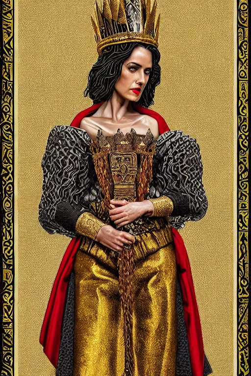 Image similar to Portrait of historically accurate, ancient biblical, sultry, sneering, evil, pagan, wicked, queen jezebel, wearing gilded robes, long hair, intricate, elegant, highly detailed, masterpiece, illustration, art Russian Cubism, highly detailed, trending on artstation, award winning