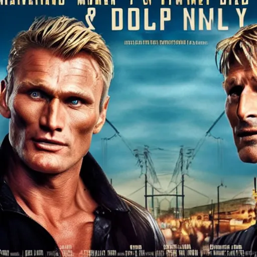 Prompt: Movie poster of a comedy starring Dolph Lundgren and Mads Mikkelsen