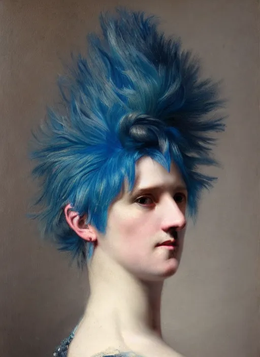 Image similar to a detailed portrait of old woamn with a extravagant mohawk by edouard bisson, blue hair, punk rock, oil painting, muted colours, soft lighting