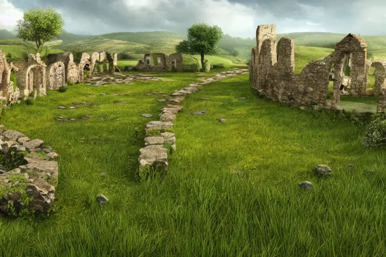 Prompt: a grass land and ruins and small fixed bustling village and tan pathways, 4 k, 8 k, photorealistic landscape, landscape imagery, 4 k luminous lighting, volumetric lighting,