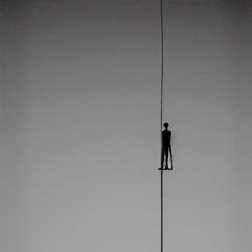 Image similar to a man in front of a high wire fence, minimalist, dystopian art