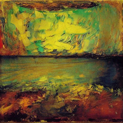 Image similar to oil paint impasto, beautiful under water scene, multi layered thick brush marks, some splattered paint, in the style frank auerbach and redon