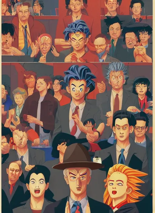 Prompt: Twin Peaks art, of Goku standing in line at McDonalds wanting to order a Big Mac, poster artwork by Tomer Hanuka, Sam Weber, Laurent Durieux, Katherine Lam from scene from Twin Peaks, from scene from Twin Peaks, clean, New Yorker magazine cover