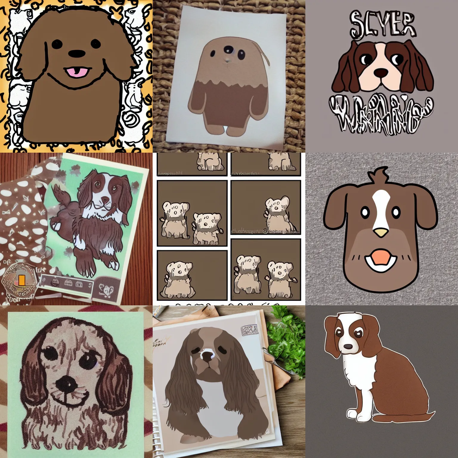 Prompt: a brown and white sprocker Spaniel!!, Style of pusheen. Comic, artwork, silly, front facing, (webcomic), stamp