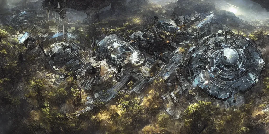 Image similar to small human settlement on an alien planet wilderness, sci fi, view from above, style of Aleksi Briclot and Andreas Roch