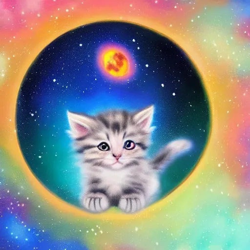 Image similar to cute fluffy kitten in space with stars and planet background detailed painting 4k