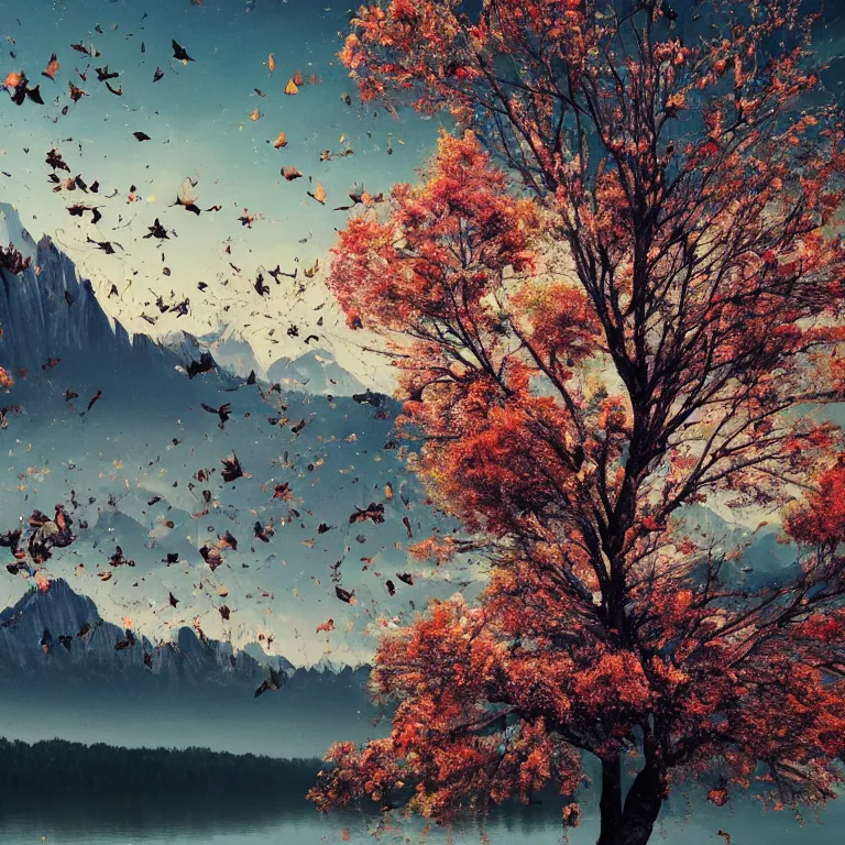 Image similar to a beautiful awesome artistic tree with falling flowers like leaves and many birds, all in the amazing outdoors view, mountain in the background, lake, long exposure, 8 k resolution, trending on artstation