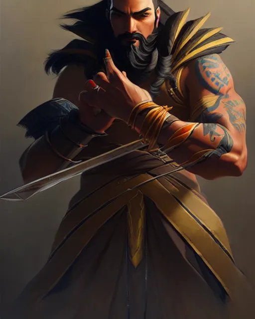 Image similar to hanzo from overwatch, character portrait, concept art, intricate details, highly detailed by greg rutkowski, michael whelan and gustave dore