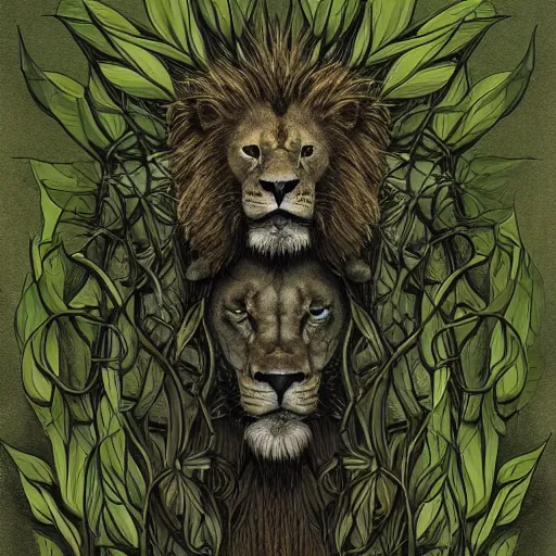 Prompt: a plant lion whose body is made of ( thorny vines ), fantasy art, dark, dramatic