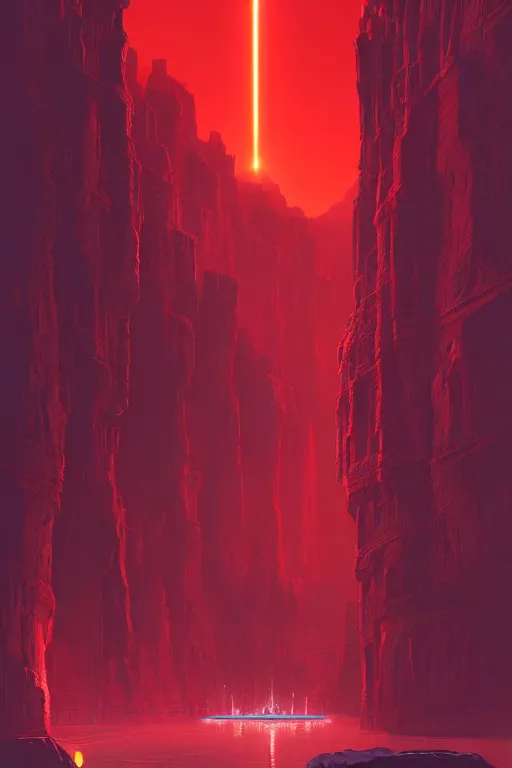 Image similar to futuristic red glowing temple overlooking a canyon, shooting stars, dramatic lighting, artstation, matte painting, ralph mcquarrie, simon stalenhag