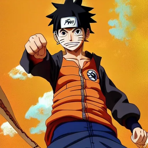 Image similar to Luffy dressed as naruto , digital art , hyperdetailed , trending on artstation , matte painting , CGSociety , pinterest