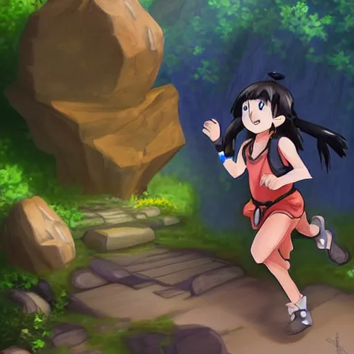 Prompt: “Indians jones as an anime girl running away from a rolling giant stone boulder trap inside an ancient stone temple, stunning digital art”