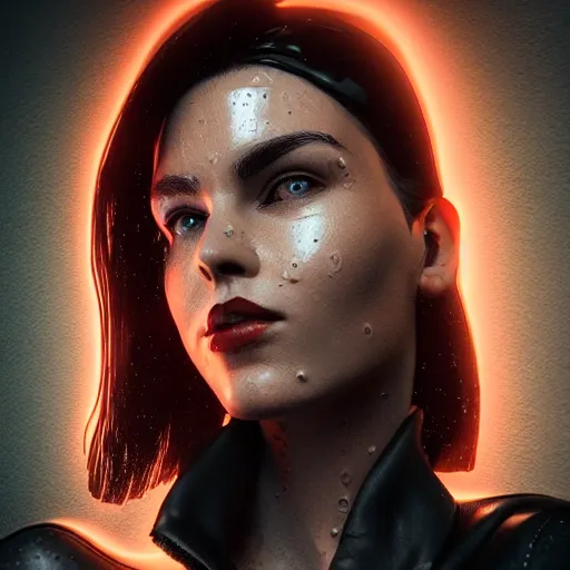 Image similar to stylish woman cartoon portrait made out of rain, leather jacket, cyberpunk background, rendered in octane, unreal engine, highly detailed, trending on artstation, realistic, splashes of neon, beautiful