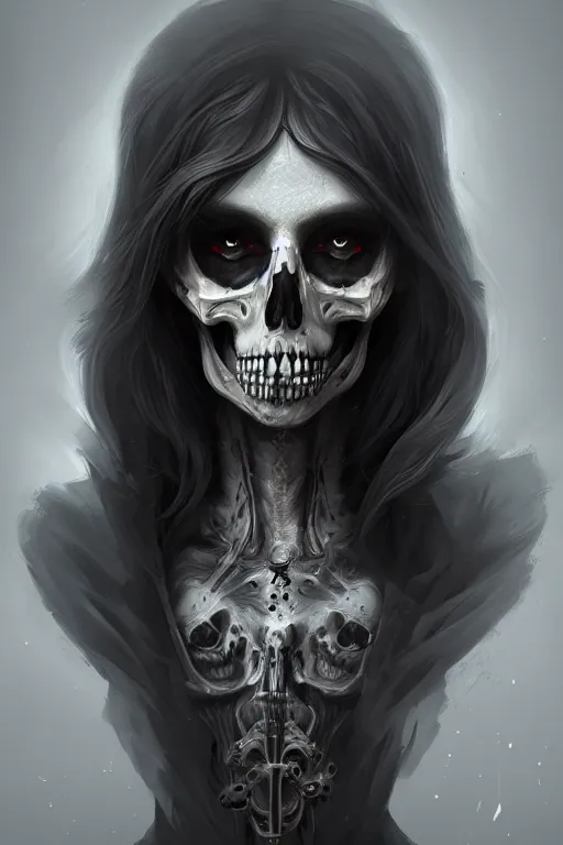 Image similar to a portrait of humanization of death, grim - lighting, high - contrast, intricate, elegant, highly detailed, digital painting, artstation, concept art, smooth, sharp focus, illustration