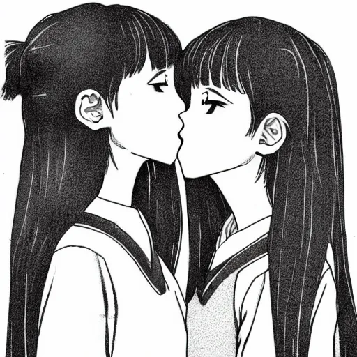 Image similar to portrait of two girls kissing, detailed manga art