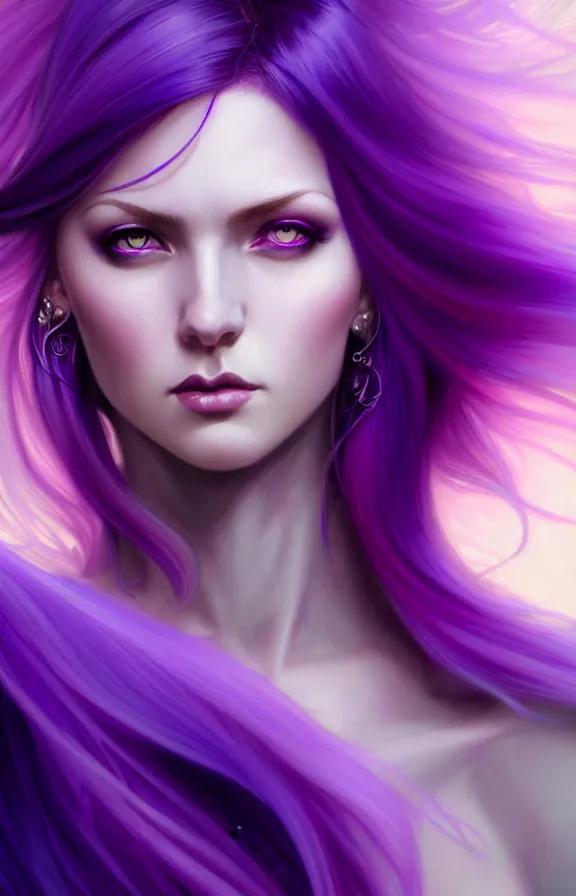 Image similar to Purple hair relistic Portrait of a woman with bright colored flying hair, all shades of purple. Hair coloring, long hair, blue eyes, fantasy, intricate, elegant, highly detailed, digital painting, artstation, concept art, smooth, sharp focus, illustration, art by artgerm and greg rutkowski and alphonse mucha