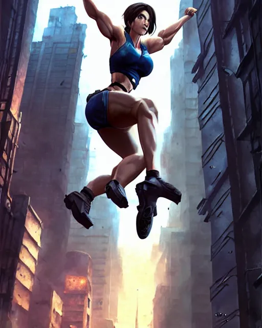 Image similar to gigachad jill valentine bodybuilder jumping from a building fighting with a rope in racoon city, fantasy character portrait, ultra realistic, anime key visual, full body concept art, intricate details, highly detailed by greg rutkowski, ilya kuvshinov, gaston bussiere, craig mullins, simon bisley