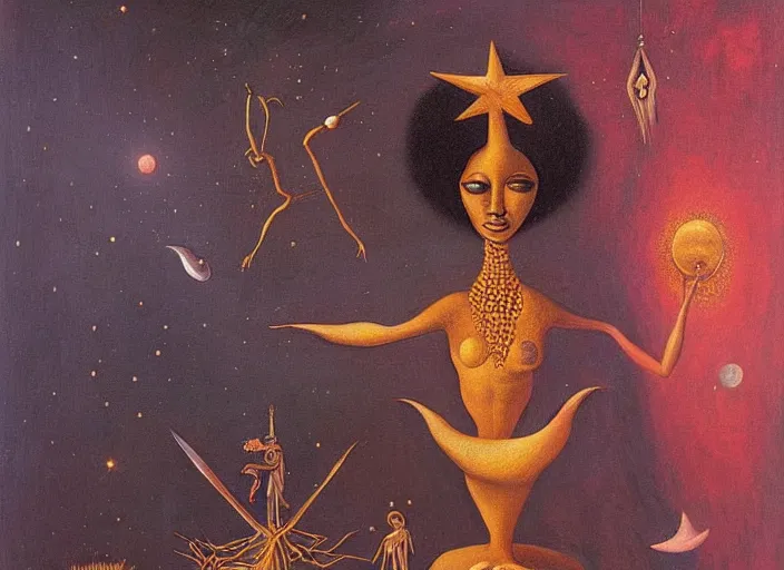 Prompt: a surreal painting of a voodoo goddess holding up the universe, by remedios varo, reflection, symbolist, soft colors, dramatic lighting!, smooth, sharp focus, extremely detailed, aesthetically pleasing composition