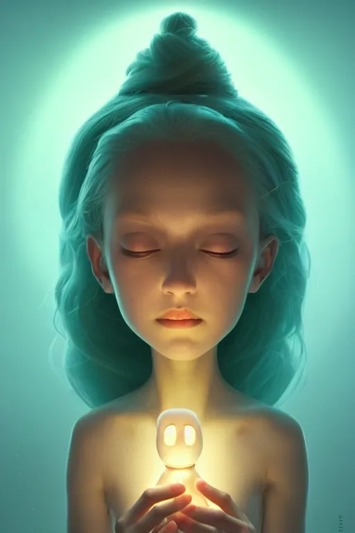 Image similar to super cute Bioluminescent an exhausted deity character concept, single head, no double head, soft light, soft mood, realistic body features and face, illustration, painting oil on canvas by Elena Zhurikhina and Goro Fujita and Charlie Bowater, octane render trending on artstation, 4k, 8k, HD