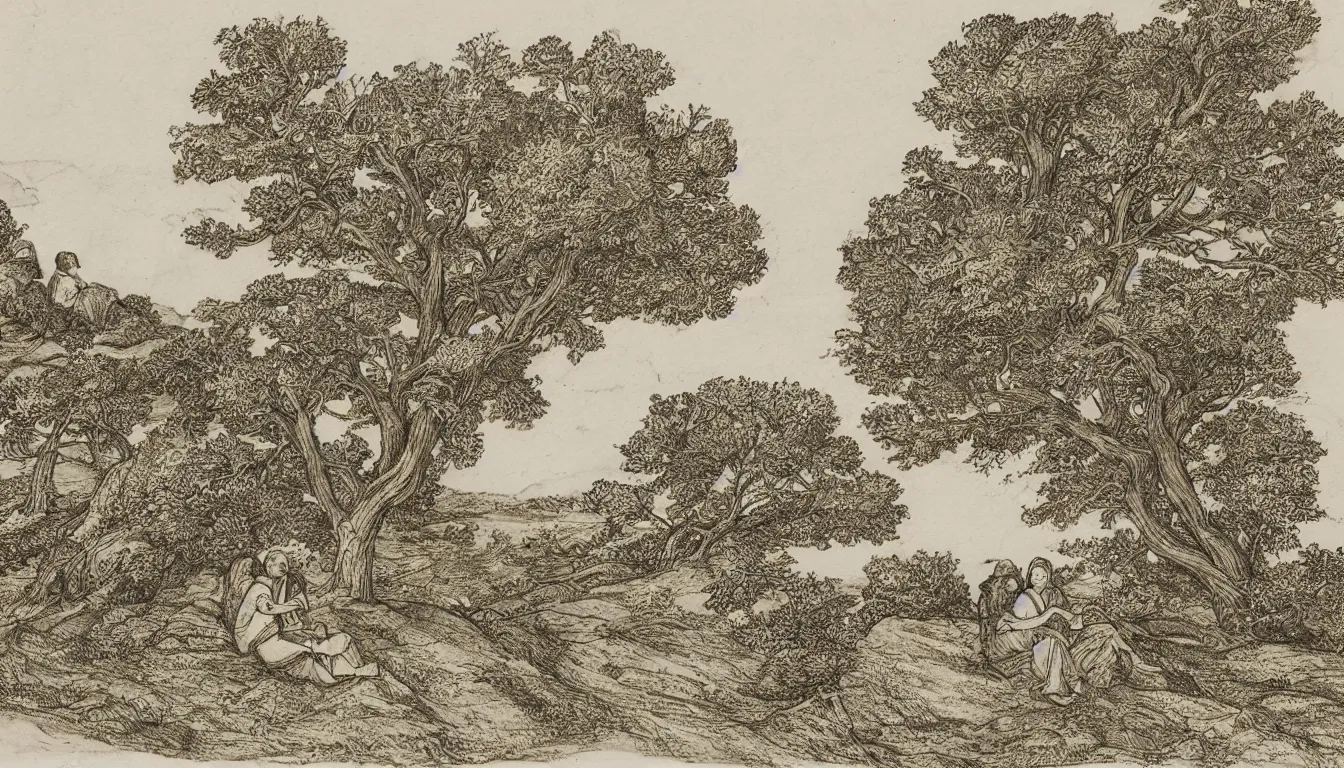 Image similar to a couple sits on a hill overlooking a river, yellowed paper, wind blown trees, pen and ink, 1 5 0 0 s, 8 k resolution