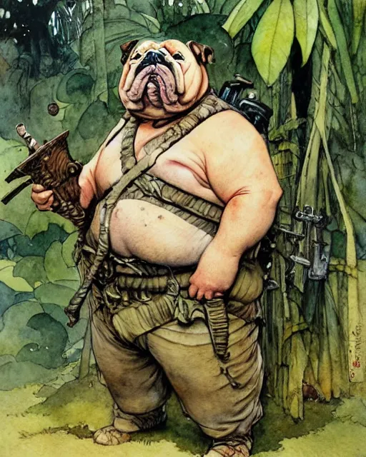 Prompt: a realistic and atmospheric watercolour fantasy character concept art portrait of a fat adorable chibi bulldog soldier with body armor in the jungle, by rebecca guay, michael kaluta, charles vess and jean moebius giraud