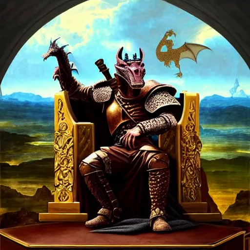 Prompt: a dragonborn as the king of a kingdom sitting on his throne, digital art, renaissance painting, fantasy art, ultra detailed, as coherent as Dall-E 2