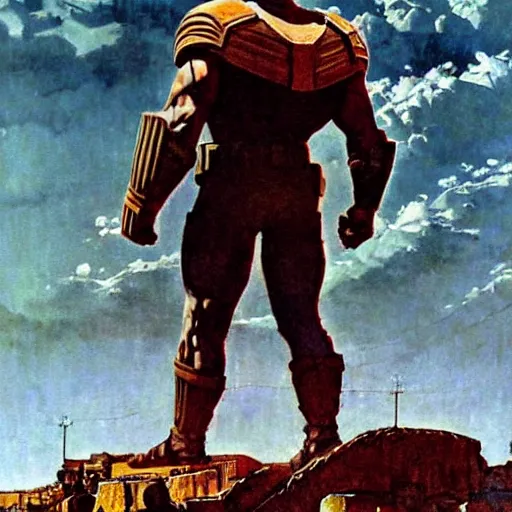 Image similar to style : norman rockwell. composition : close shot. style : digital art ; detailed ; dreamlike ; 4 k. scenery : a coliseum with lots of people in the stands. subject : darkseid, wearing full body armor.