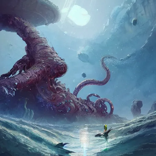 Image similar to Astronauts are riding some mythical animals and they are swimming under a sea, this is an extravagant planet with wacky wildlife, the giant kraken is behind them, the background is full of ancient ruins, by Jordan Grimmer digital art, trending on Artstation,