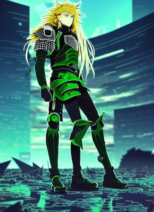 Image similar to a detailed anime full body portrait of a male warrior with long blonde hair and blue eyes wearing evil green spiked cyberpunk armour and standing in the desolate burning ruins of a futuristic city by hirohiko araki and beeple, fine details, digital art, character concept art