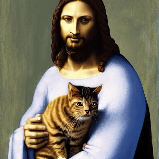 Image similar to portrait of jesus holding a cute cat, digital art, by leonardo da vinci