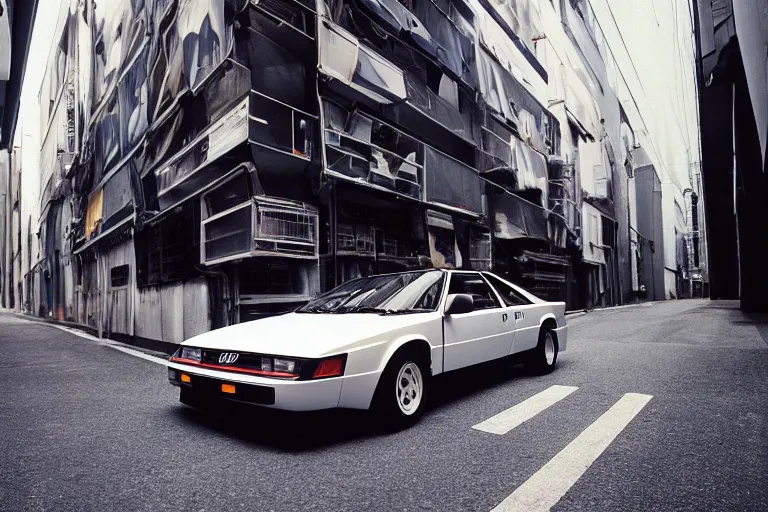 Prompt: a Giorgetto Giugiaro designed, single 1988 Audi Quattro, BMW M1 Lincoln Continental, parked in a Tokyo alley, volumetric lighting, f8 aperture, cinematic Eastman 5384 film