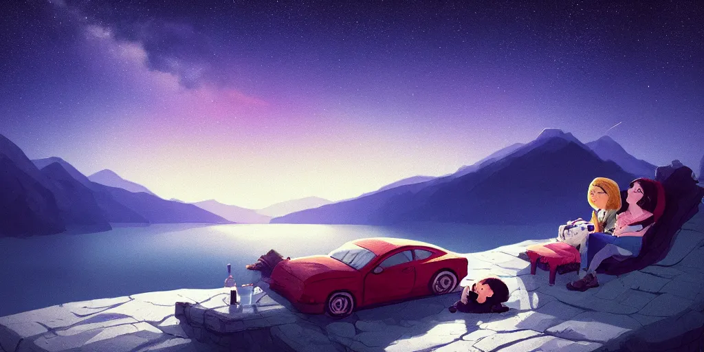 Image similar to a man and a woman sleeping in the car standing in mountains, stars shining, blue mountain lake. cute, illustration, digital art, inspired by little big planet, by greg rutkowski, detailed, sharp, masterpiece, highly detailed, photorealistic, octane render, 8 k, unreal engine 5, trending on artstation