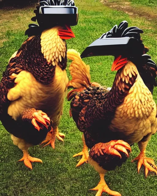 Prompt: daft punk but chickens, high quality