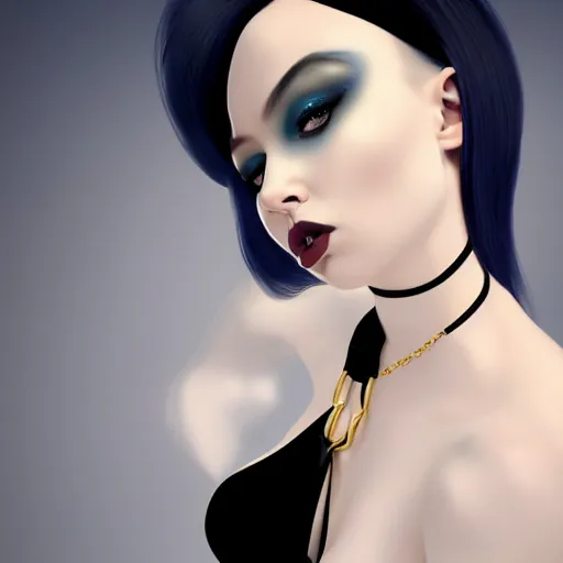 Prompt: a feminine curvy pale hot goth cutie wearing an tight navyblue-black-gold latex-nylon high-neck dress, choker necklace, cgsociety, photorealistic, sublime-cool-hyperadvanced-dark-amorous ambience, 16k, smooth, sharp focus, trending on ArtStation, volumetric lighting, fully clothed, thin waist