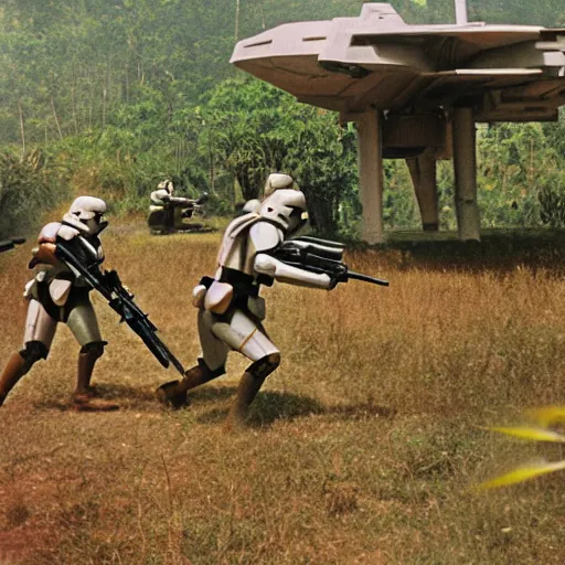 Image similar to star wars clone troopers combat soldiers in vietnam, photo, old picture, lush landscape, jungle, firearms, explosions, helicopters, aerial combat, active battle zone, flamethrower, air support, jedi, land mines, gunfire, violent, star destroyers, star wars lasers, sci - fi, jetpacks, agent orange, bomber planes, smoke, trench warfare