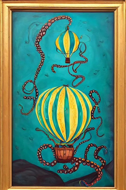 Image similar to teal octopus as hot air balloon, oil painting