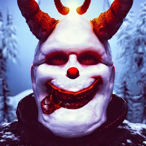 Image similar to Photorealistic evil snowman with devil horns. Hyperdetailed photorealism, 108 megapixels, amazing depth, glowing rich colors, powerful imagery, psychedelic Overtones, 3D finalrender, 3d shading, cinematic lighting, artstation concept art