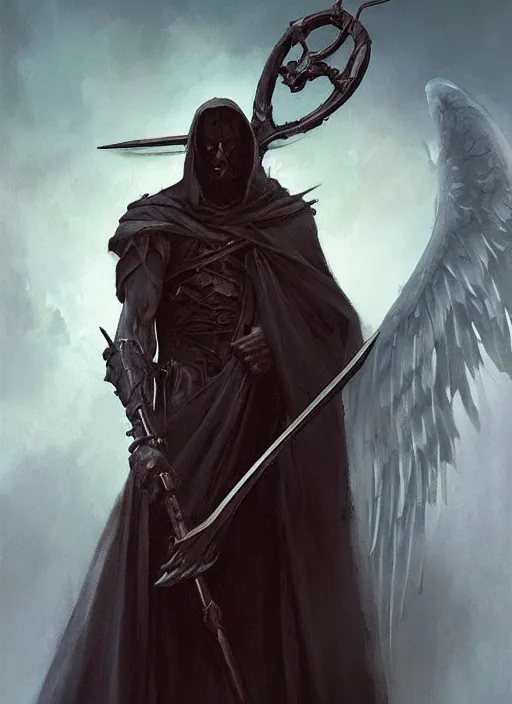 Image similar to a portrait of a beautiful angel of death holding a large scythe by marco bucci and greg rutkowski and frank frazetta, sharp focus, detailed, cinematic, closeup