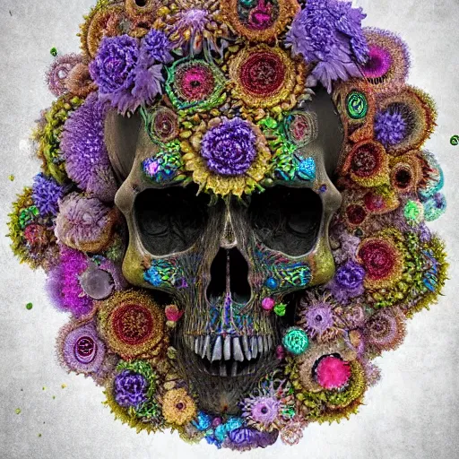 Image similar to fractal golden skull face with an afro made of flowers, third eye art art by machina infinitum, infinite intricacy, rendered in octane, mandelbulb 3 d, ambient occlusion, macro photography, black opal