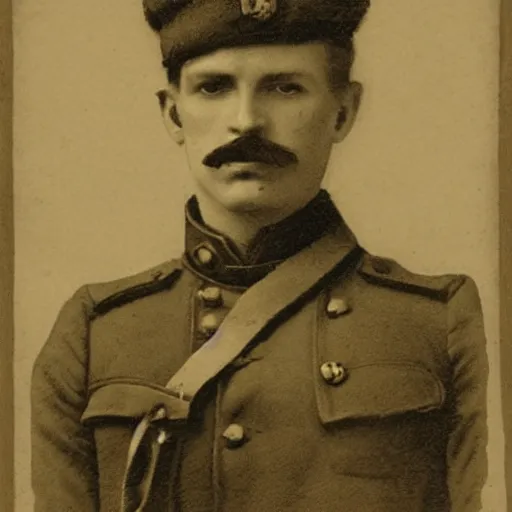 Image similar to late 1 9 th century, austro - hungarian!!! soldier ( handsome, 2 7 years old, redhead michał zebrowski with little mustache ). old, sepia tones, detailed, hyperrealistic, 1 9 th century portait by emil rabending