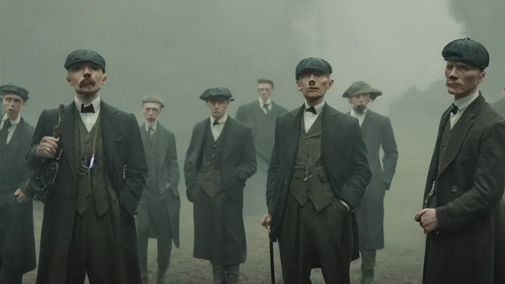 Prompt: the peaky blinders with peanuts heads, film still from the movie directed by denis villeneuve with art direction by zdzis