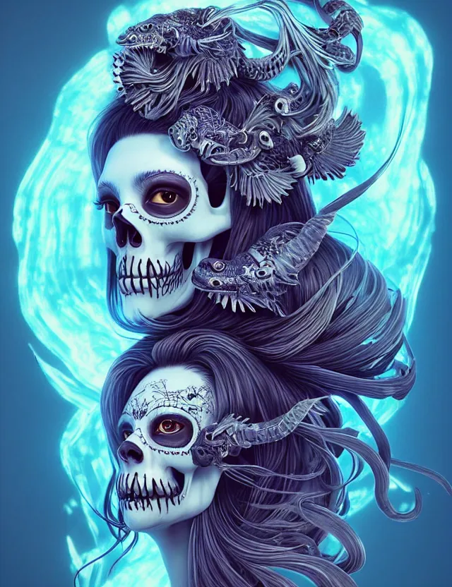 Image similar to 3 d goddess skull half - turn portrait with long hair with ram skull. beautiful intricately detailed japanese crow kitsune mask and clasical japanese kimono. betta fish, jellyfish phoenix, bio luminescent, plasma, ice, water, wind, creature, artwork by tooth wu and wlop and beeple and greg rutkowski