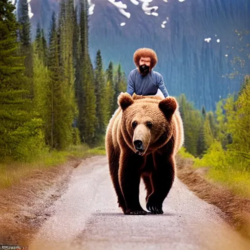 Image similar to bob ross riding on the back of a brown bear in alaska, outdoor, volumetric, hyperrealistic, shutterstock contest winner, national geographic photo, stockphoto, majestic