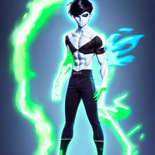 Prompt: a full body character design by artgerm, wlop, ross tran. young danny phantom!! glowing green eyes!! sharp teeth!! face sharp edges. ultra clear detailed. 8 k. ultra detailed, elegant, intricate, octane render.