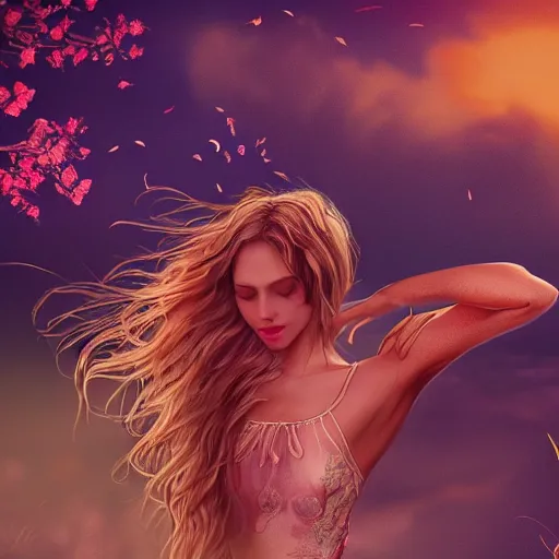 Image similar to summer scene of a spirit of a woman composed by the exquise blossom of flowers, dances in the air majestically, breathtaking, intricate, elegant, beautiful, exotic, fantasy, concept art, digital art, magical scene, cinematic, golden hour, rich moody colors, 8 k, hi - res, uhd