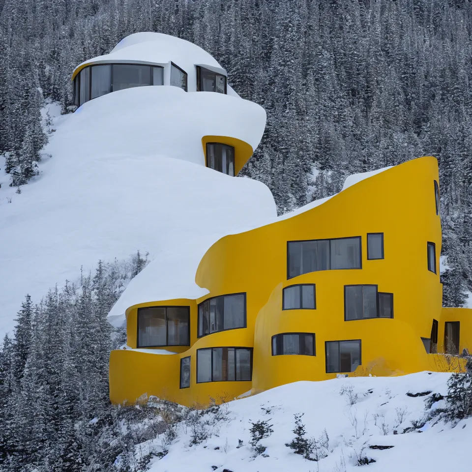 Image similar to a mid-century modern house on top of a cliff in the arctic, covered with snow, designed by Frank Gehry, with a long pathway toward it. Big tiles. Film grain, cinematic, yellow hue