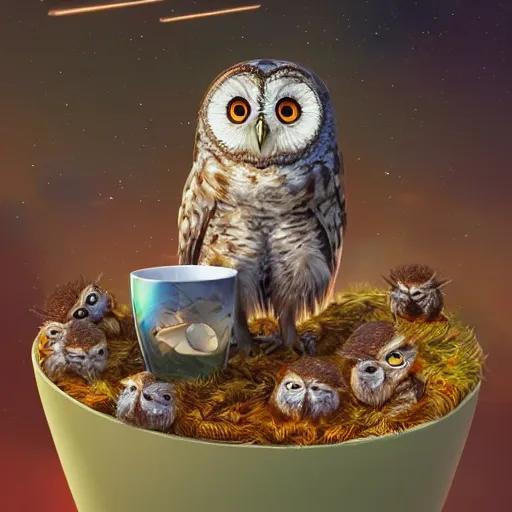 Image similar to long shot of a very cute owl chick nesting in a very futuristic cup, esao andrews, m. w. kaluta, yoshita amano, humorous illustration, hyperrealistic, big depth of field, warm colors, night scenery, low light, 3 d octane render, 4 k, conceptart, hyperdetailed, hyperrealistic, trending on artstation